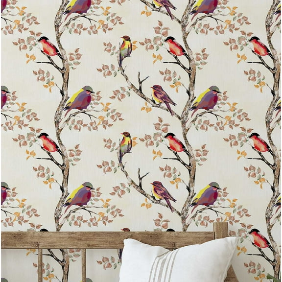 S4sassy Self Adhesive Wallpaper, Artistic Birds on Branch Wallpaper, Beige Removable DIY Vinyl Wall Covering, Peel and Stick Contact Paper for Entryway accent Wall, Easy Home Decor (25"x240")
