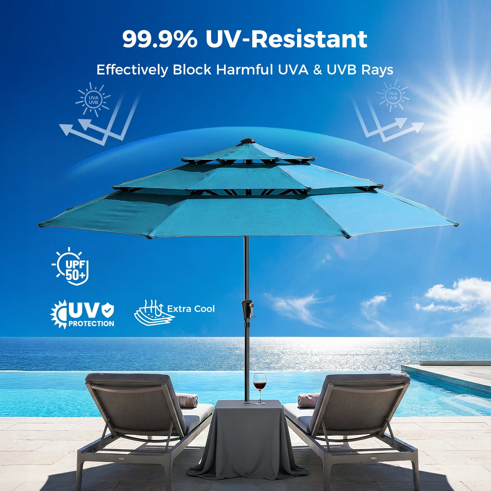 Patbrela 9ft 3-Tier Solar Patio Umbrella with LED Lights, Tilt Adjustment Outdoor Umbrella, Market Sun Shade for Beach, Backyard, Deck, Poolside, Blue