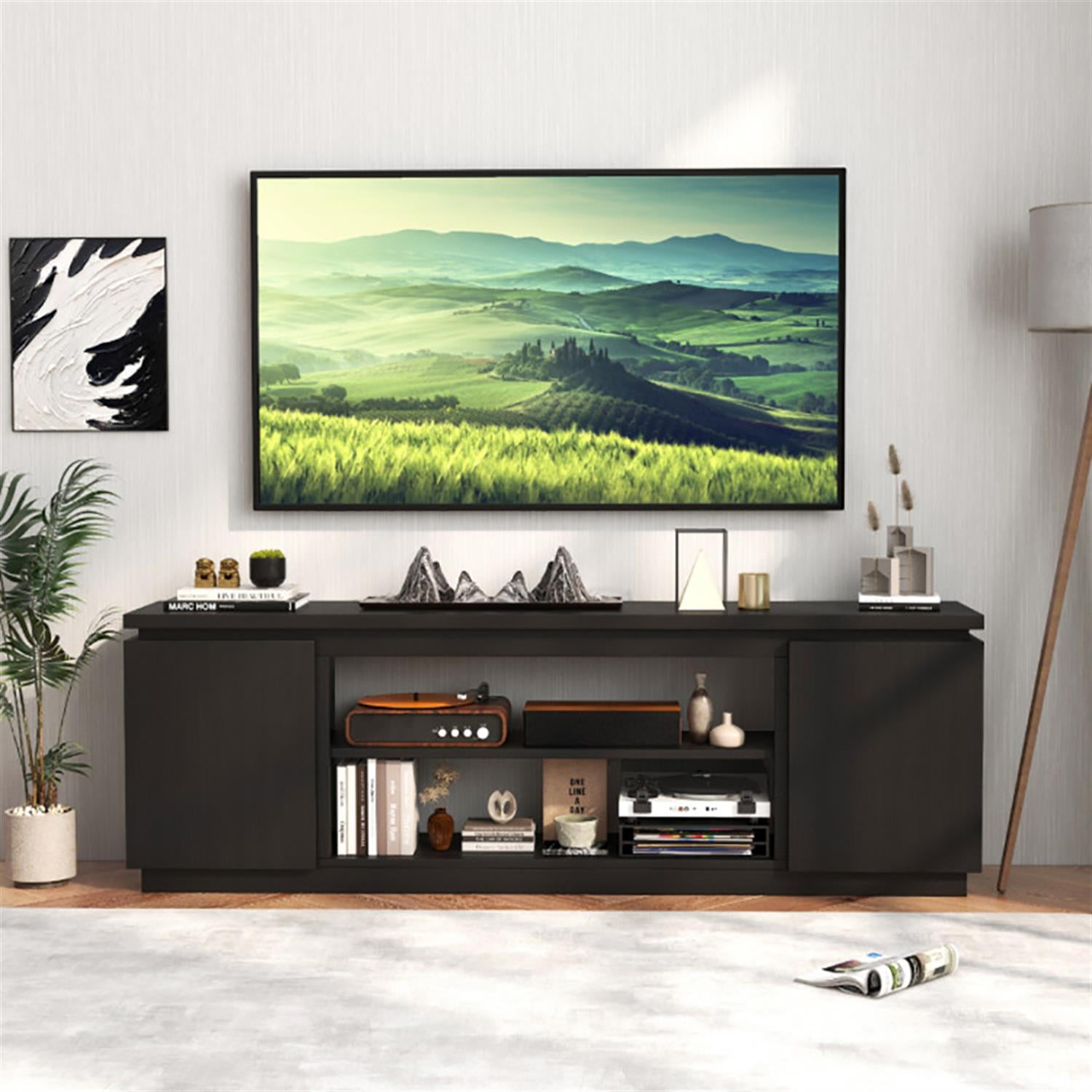 Demi Bonn TV Stand for 80" TVs, Entertainment Center with 3 Adjustable Shelves, Modern Media TV Console Table for Living Room Bedroom, Black