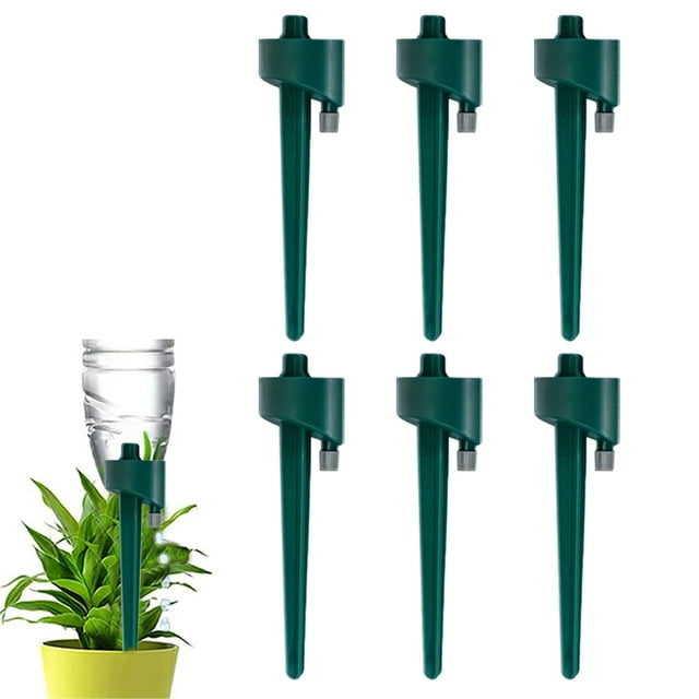 Plant Self Watering Insert Spikes Device, 6 PCS Water Control System with Slow Release Valve. The image shows six green plastic self-watering spikes with adjustable valves for precise water flow control. One spike is demonstrated in use with a plastic bottle watering a potted plant. Suitable for indoor and outdoor plants, these spikes are compatible with various bottle sizes and are easy to install without tools.