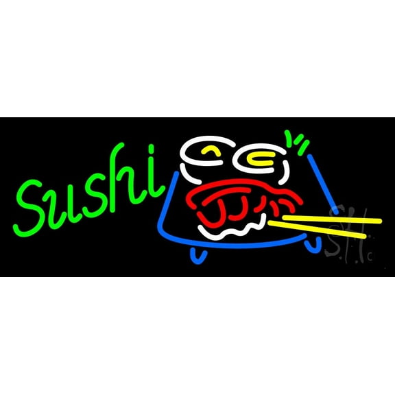 Green Sushi With Logo LED Neon Sign 10 x 24 - inches, Clear Edge Cut Acrylic Backing, with Dimmer - Bright and Premium built indoor LED Neon Sign for restaurant window and interior decor.