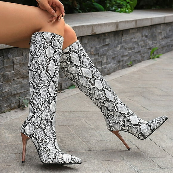 EGNMCR Knee High Boots Oversized Women's Fall/Winter Pointed Wood Grain Fine Heels Super High Heel Back Zipper Knee Long Boots Knight Boots