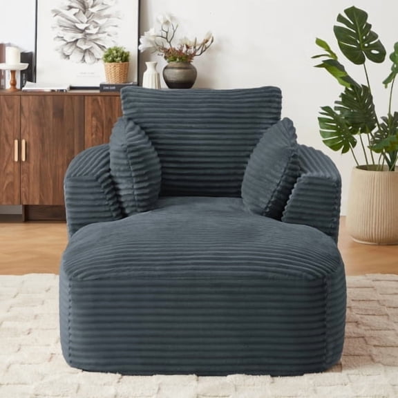 65" Corduroy Fabric Modern Mid-Century Accent Armchair, Oversized Accent Chair with Spring Cushion, Mid-Century Modern Chair with No Assembly for Living Room, DARK GREY