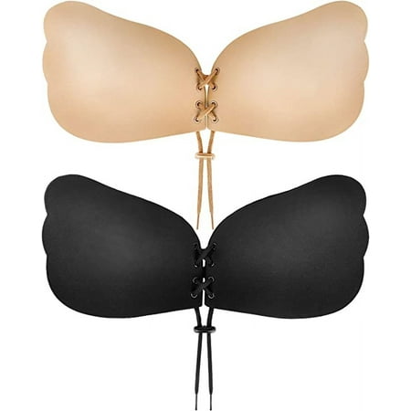 2-Pack Sticky StrapleWW Push Up BackleWW Self Adhesive Bra for Women (A to DCup)-Skin Color+Black-B