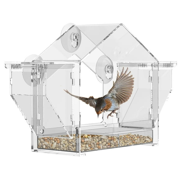 Ikoopy PS Transparent Window Bird Feeder Easy to Observe Clear Bird Feeder with 3 Suction Cup Squirrel Proof for Yard Outdoor