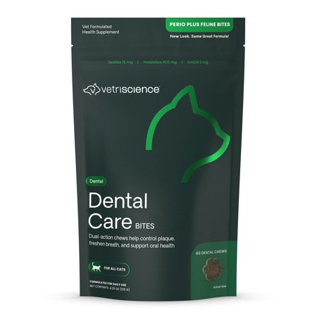 VetriScience Dental Care Bites Crunchy Teeth Cleaning Treats for Cats, Chicken Liver Flavor, 60 Count Bag