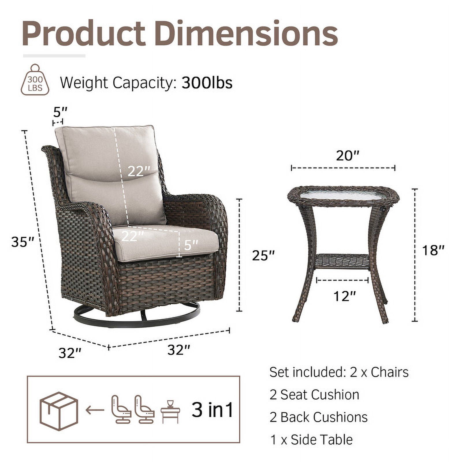 PARKWELL 3-Piece Patio Wicker Chairs Swivel Rocker Set,Outdoor High Back Swivel Glider Rocking Lounge Chairs with Side Table for Patio Deck Garden,Brown/Beige