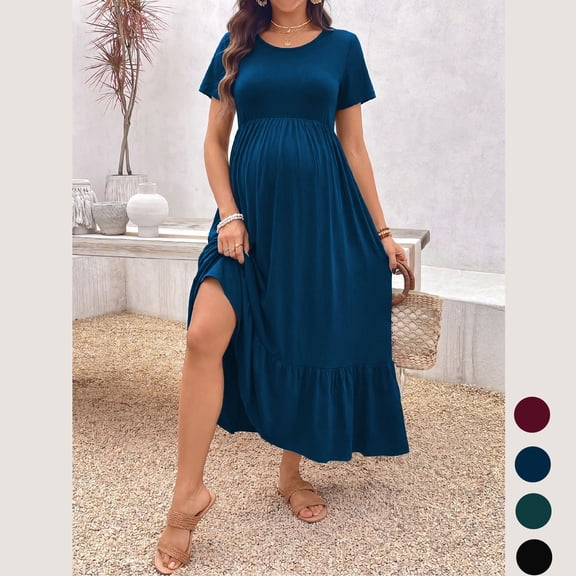 Beaisland Women’s Maternity Dress Short Sleeve Pleated Flowing Pregnancy Beach Dresses