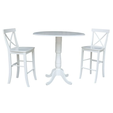 International Concepts 42"H Wood Round Top Pedestal Bar Height Drop Leaf Table with 2 Stools - White - Seats 2
