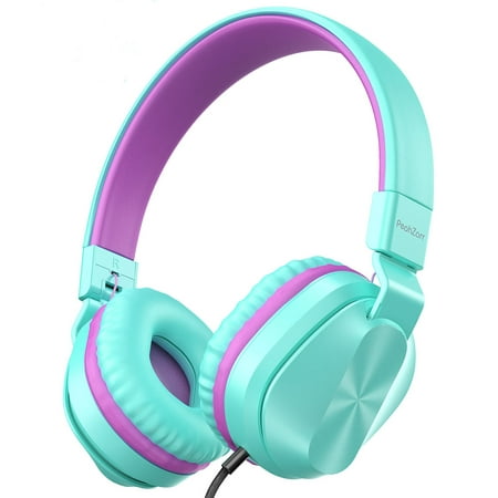 On-Ear Headphones with Microphone, Lightweight Folding Stereo Bass Headphones with 1.5M Tangle Free Cord, Green & Purple