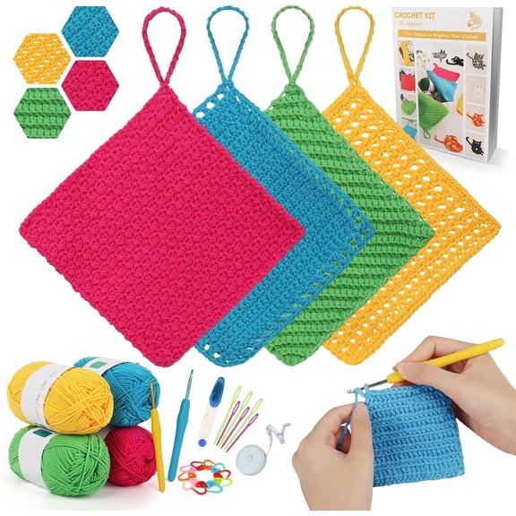 Crochet Kit for Beginners, Dishcloth Crochet Starter Kit for Adults