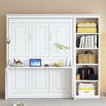 Full Size Murphy Bed with Desk and Bookshelf, White