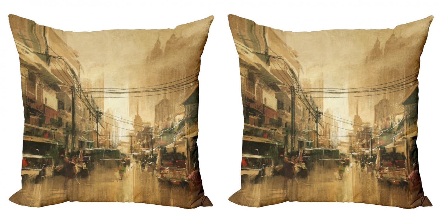 Retro Throw Pillow Cushion Cover Pack Of 2 Acyrlic Style Vintage Old City Street View Historic Landscape Theme Sepia Scenery Zippered Double Side Digital Print 4 Sizes Sand Brown By Ambesonne Walmart Com