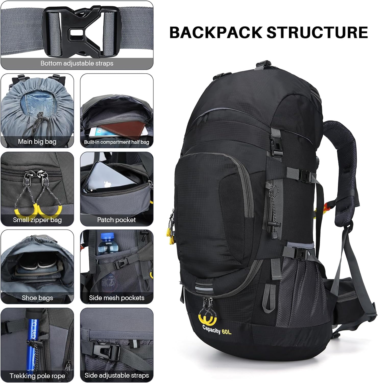 SHANNA 60L Waterproof Hiking Camping Backpack with Rain Cover Camping Rucksack Lightweight Hunting Rucksack, Black