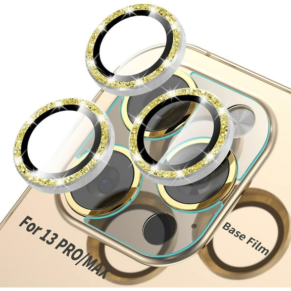 Bling Camera Lens Protector Compatible for iPhone 13 Pro(6.1")/13 Pro Max((6.7") Ultra Thin/Clear Tempered Glass [Anti-Scratch][Shatter/Water/Fog-Proof] Metal Cover -Gold Diamond(Set of 3)