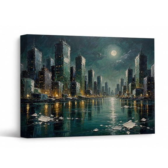 City Skyline Canvas Wall Art, Modern Urban Night Painting, Teal Moonlight Water Reflection Wall Decor for Living Room Bedroom Office 24*18