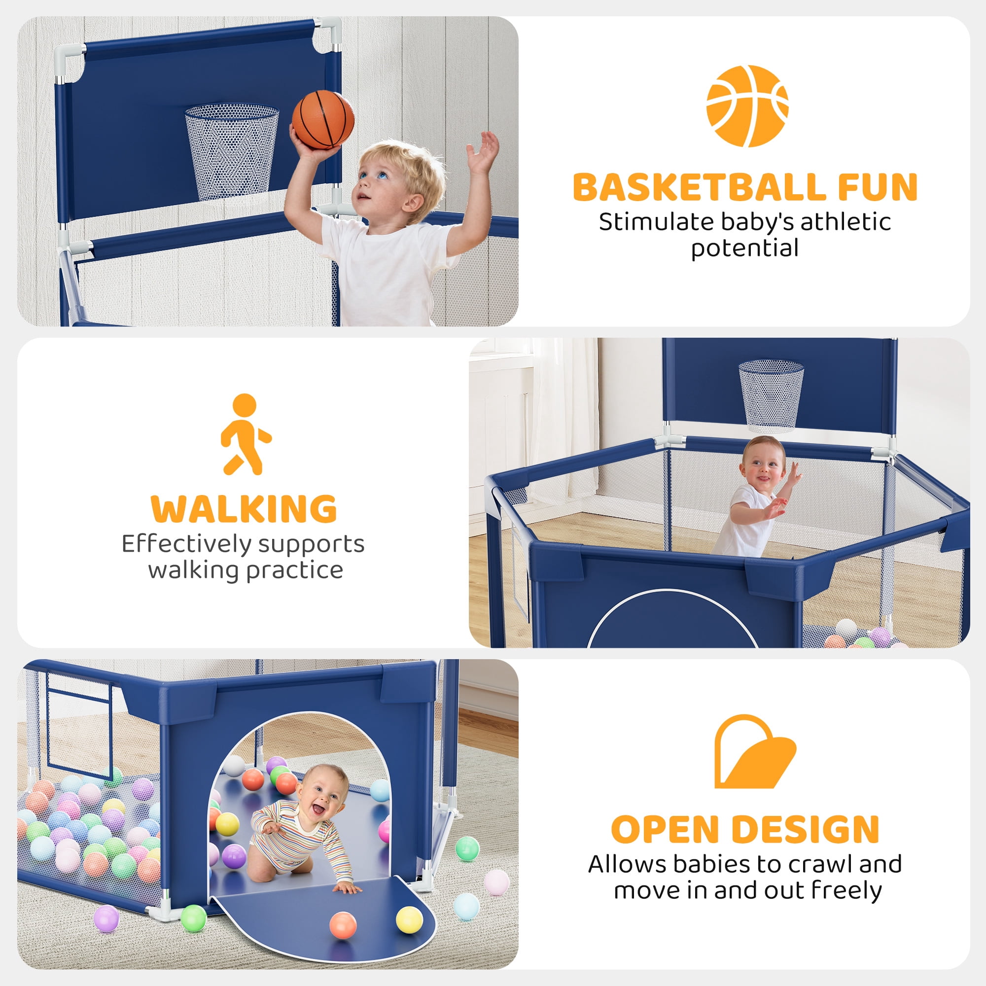 babyeap Baby Playpen with Basketball Hoop,Playpen for Babies and Toddlers,Hexagonal Fence Baby Play Yards,Navy Blue