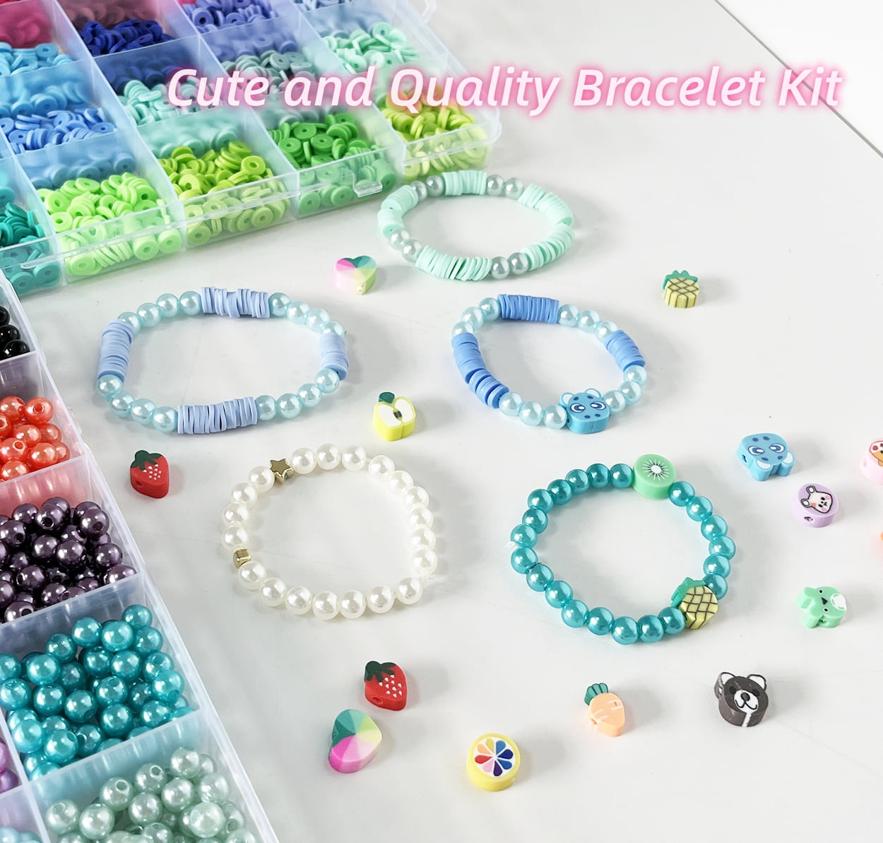 Bracelet Making Kit Flat Beads Pearl Beads for Jewelry Making Kit, 6mm Bead DIY Arts and Crafts Kit Gifts Christmas Birthday 7180Pcs