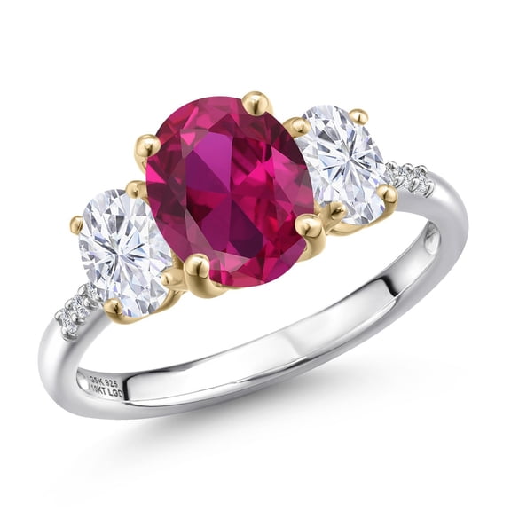 Gem Stone King 925 Silver and 10K Yellow Gold Red Created Ruby and White Moissanite and Lab Grown Diamond Engagement Ring for Women | 3.06 Cttw | Oval 9X7MM | July Birthstone | Size 5