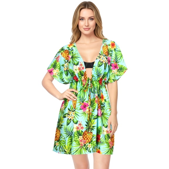 LA LEELA Women's Beachwear Summer Swim Beach Dress Cover ups for Swimwear Women Short Fall Swimsuit Coverups Tops XL-XXL Shamrock Fern, Pineapple Floral