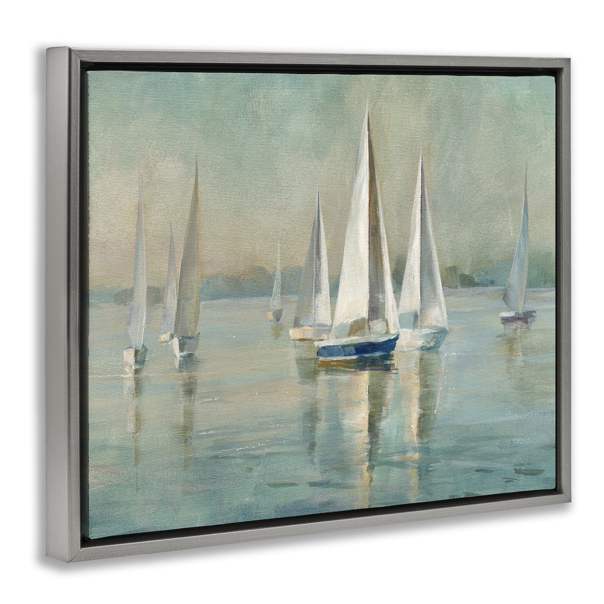 Stupell Industries Sailboats at Sunrise Nautical & Beach Painting Gray Floater Framed Canvas Art Print Wall Art, 21 x 17