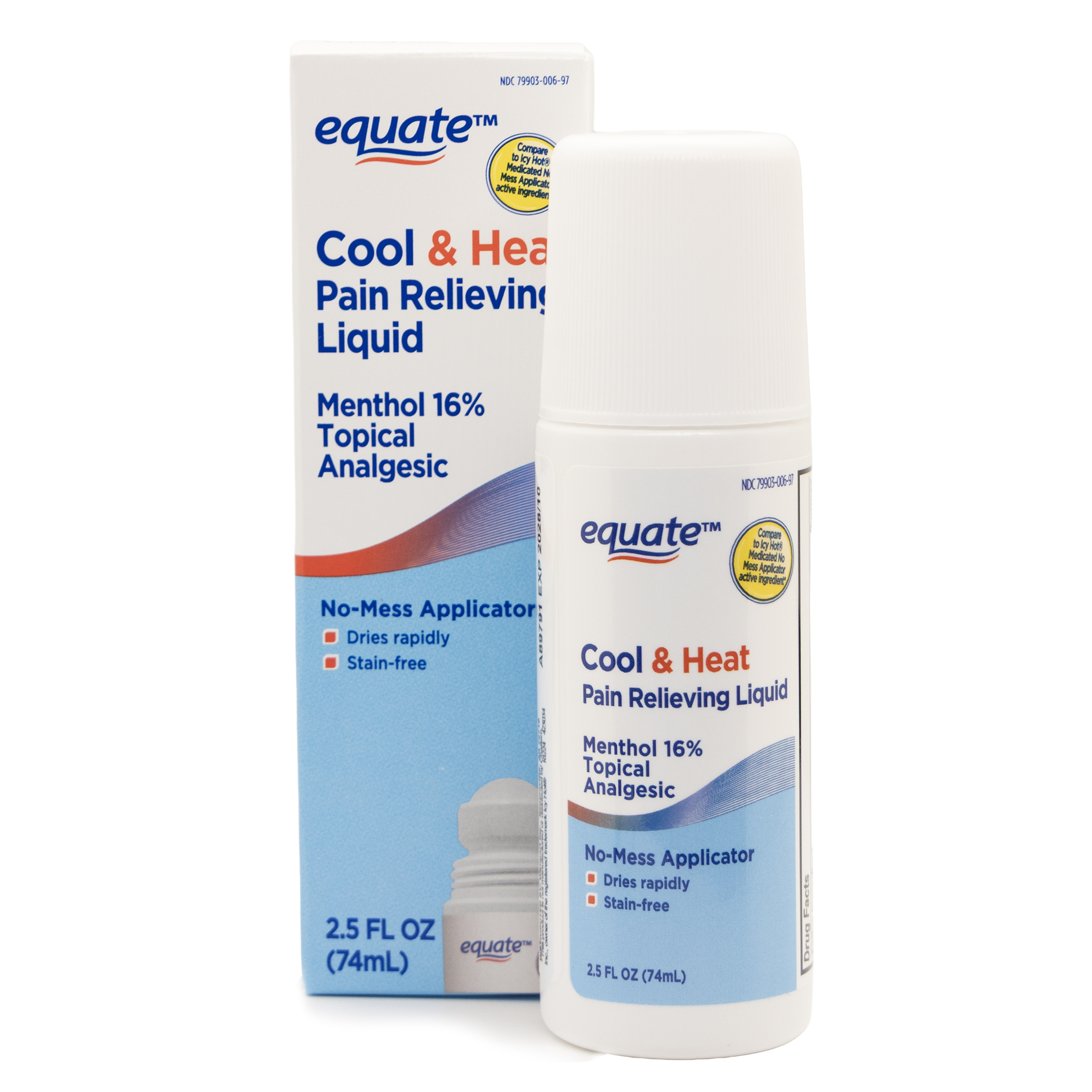 (paquete de 3) Equate Maximum Strength Alivio del Dolor por Calor y Frío en Roll-On Líquido, Mentol al 16%, 2.5 fl oz, Comparar con el Ingrediente Activo de Icy Hot® Aplicador Sin Desorden Medicado 2