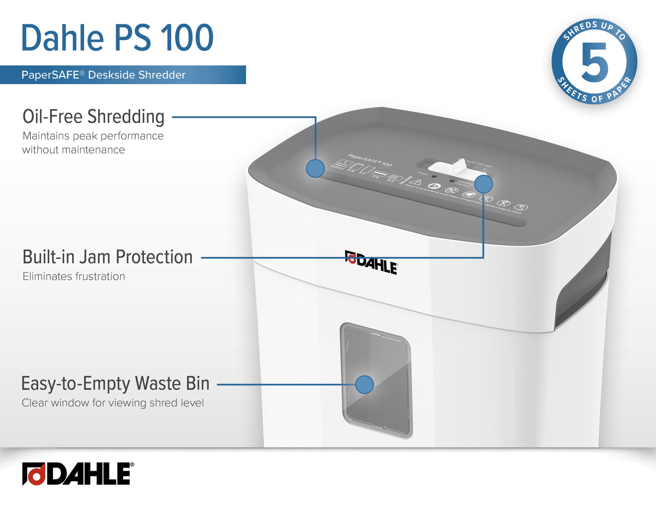 Dahle PaperSAFE PS 100 Paper Shredder, Oil Free/Hassle Free, Jam Protection, 5 Sheet Max, Level P-4
