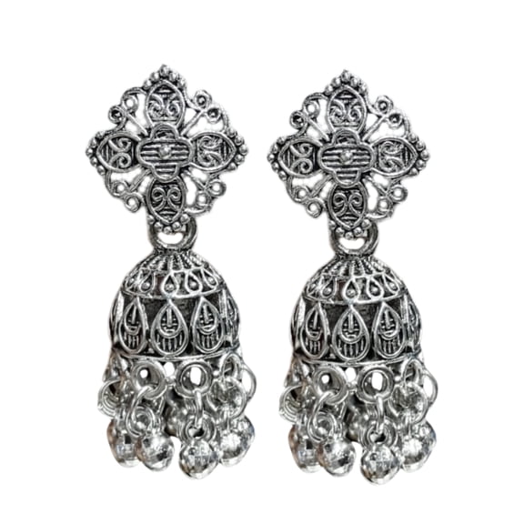 Traditional Dome Jhumka Dangle Earrings with Cutwork Detailing and Dangling Bead Charms