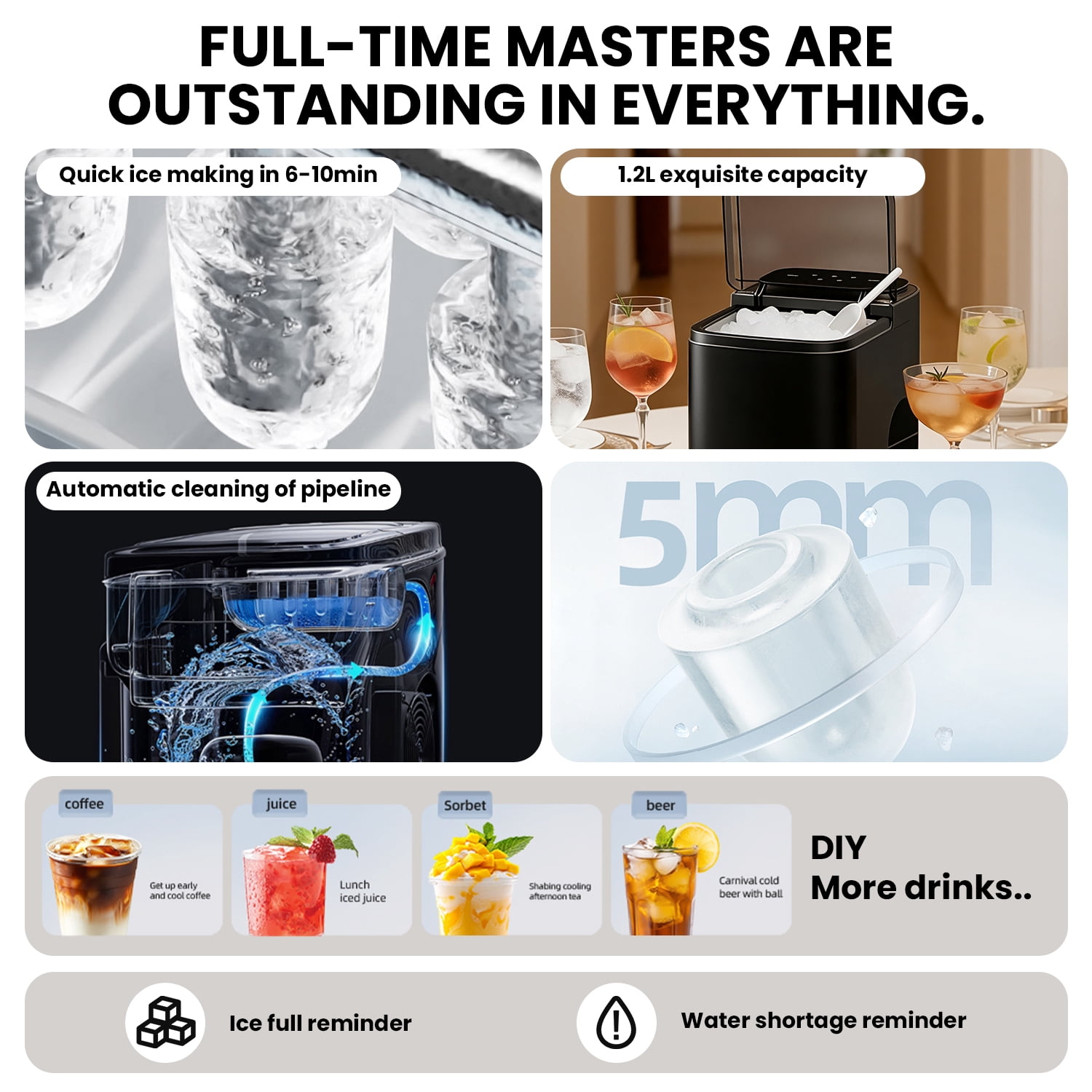 ICYBER BOOM Nugget Ice Maker Countertop, 33 lbs Per Day Portable Pebble Ice Machine, 2 Adjustable Ice Sizes, Soft Chewable Bullet Ice for Home, Party, RV, Self-Cleaning, Full Touch Screen,Black
