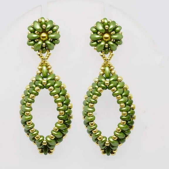 Olive Green and Gold Two-Layer Oval Hoop Drop Earrings