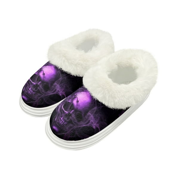 Psesaysky Purple Gothic Skull Print Warm House Slippers for Women Comfy Fleece Lined Fuzzy Slippers with Thick Sole for Indoor Outdoor, Size 4-5