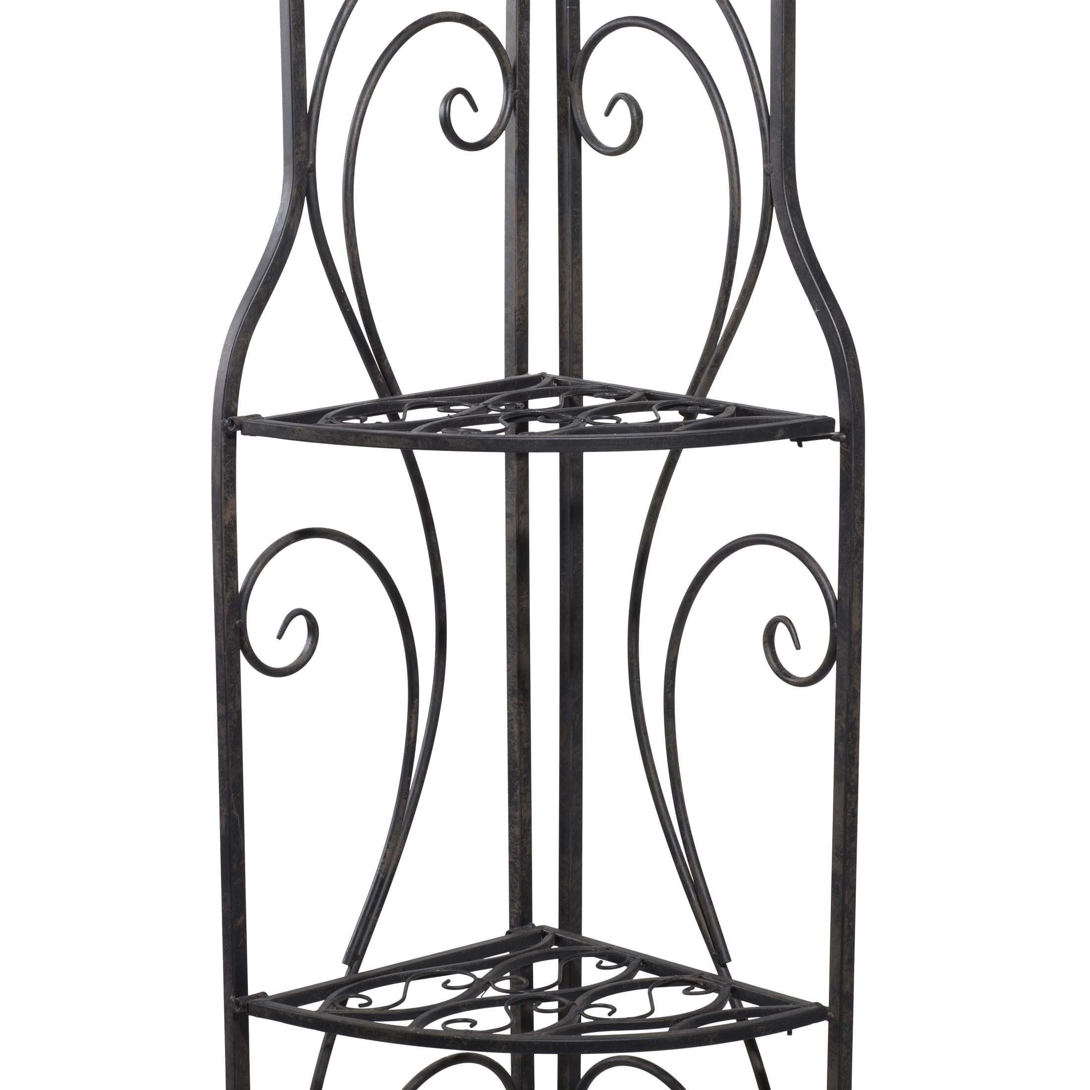 DecMode 17" x 60" Black Metal Scroll Indoor Outdoor Arched Tall Folding Corner 4 Shelf Bakers Rack, 1-Piece