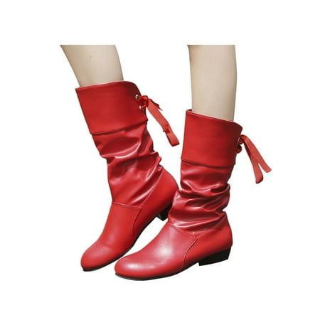 

Daeful Work Boots for Women Ladies Comfort Winter Shoes Casual Low Heel Boots Fashion Wide Width Block Chunky Mid-Calf Boot Red 4.5