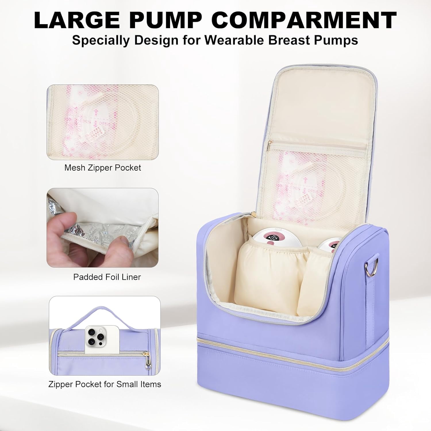 Wearable Breast Pump Bag with Cooler Compartment Fits for Willow/Elvie/Momcozy M5/S12 Pro/Medela, Breast Milk Travel Tote Bag with Ice Pack & Waterproof Mat,Purple