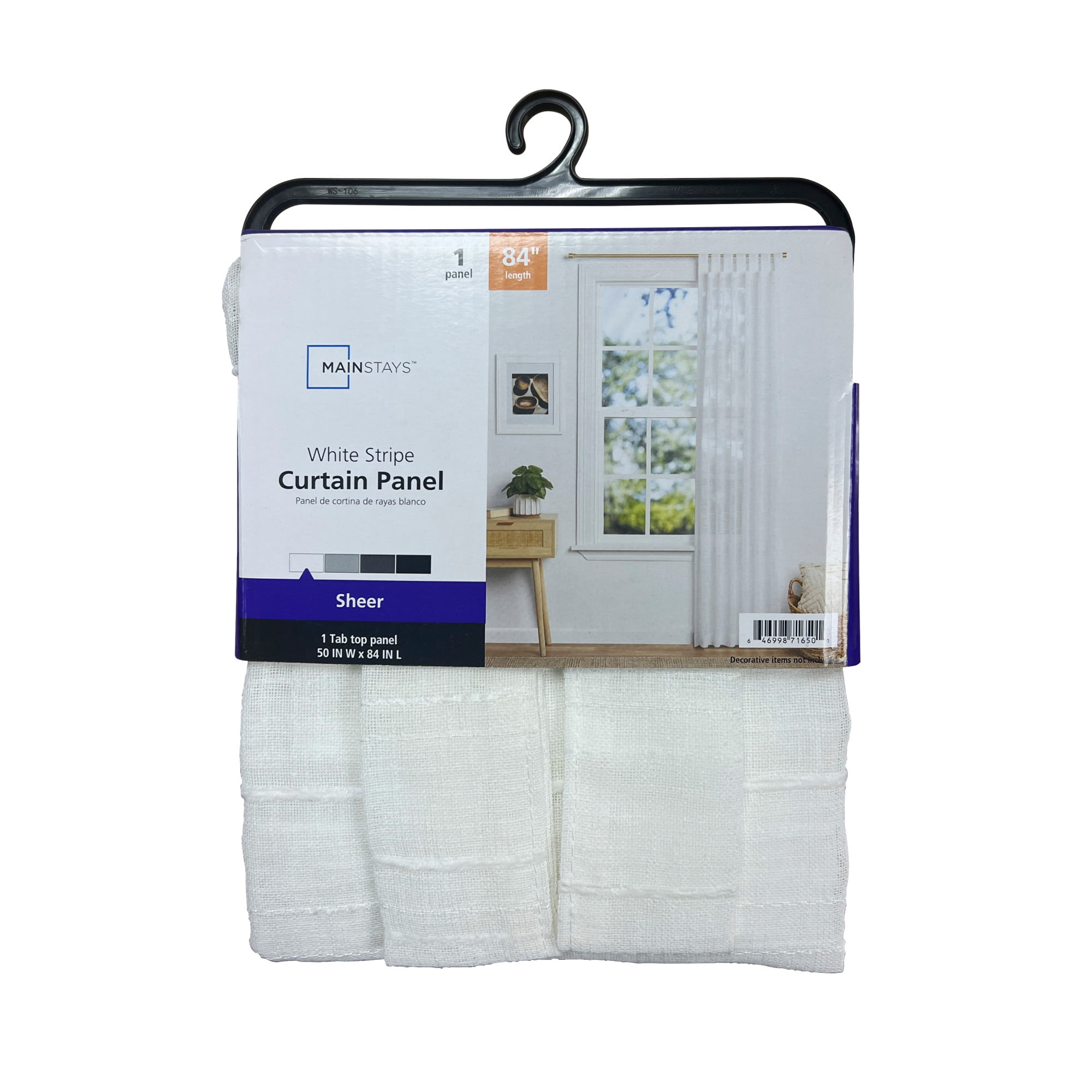 Mainstays Woven Stripe Arctic White Sheer Tab Top Single Curtain Panel, 50" W x 84'L