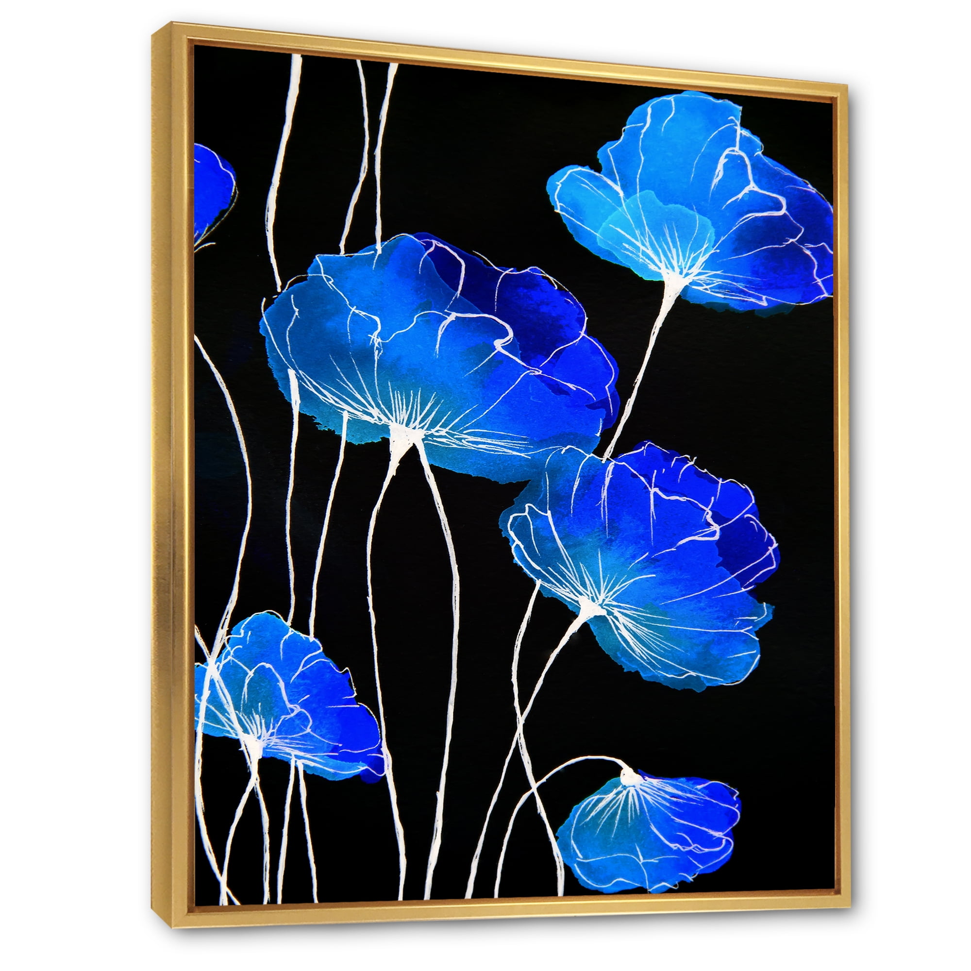 Designart 'Detail of Blue Flowers On Black Background II' Traditional Framed Canvas Wall Art Print