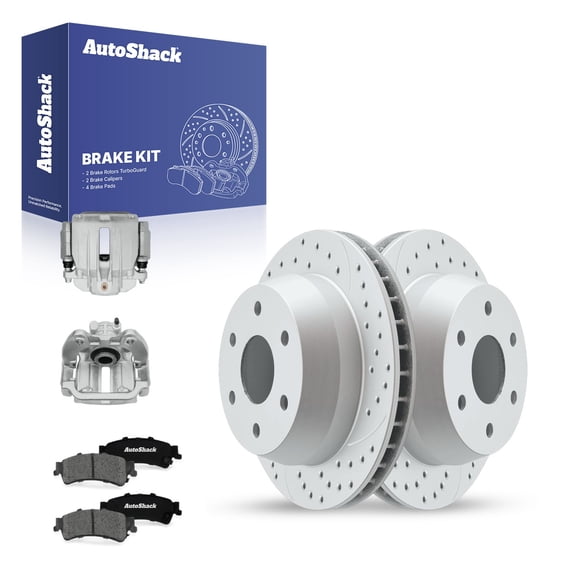 AutoShack Rear Brake Rotors, Premium Pads & Calipers for Chevrolet, Silverado 1500 2002 - Coated Drilled & Slotted - Silver Matte Finish - TurboGuard - 12.99" (330 mm), 6-Lug