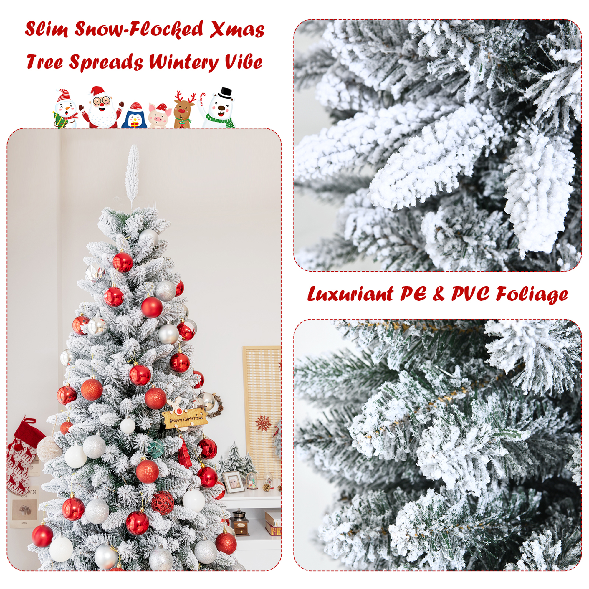 Gymax Green Snow Flocked Slim Pencil Unlit Artificial Christmas Tree, 4.5'