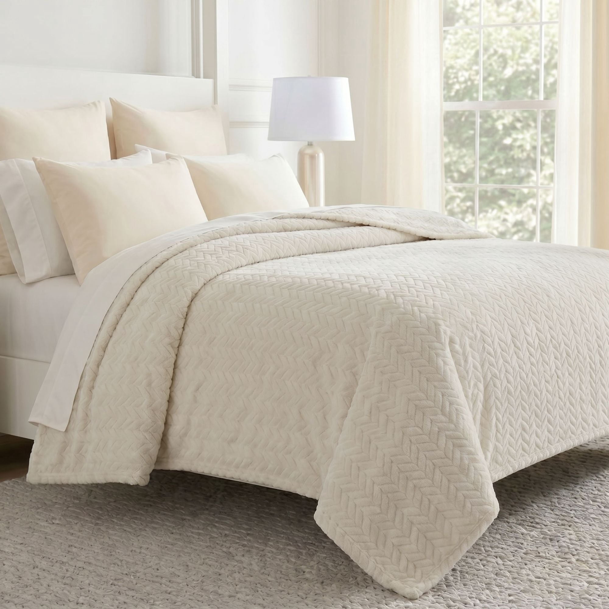 Superior Hope Herringbone Fluffy Fleece Blanket, King Size, Ivory