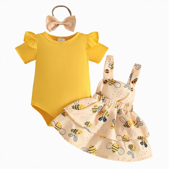 Baby Girl Summer Outfits Set Cute Cartoon Printed Short Sleeve Top Pinafore Dress Three Piece Set Newborn Baby Girl Clothes