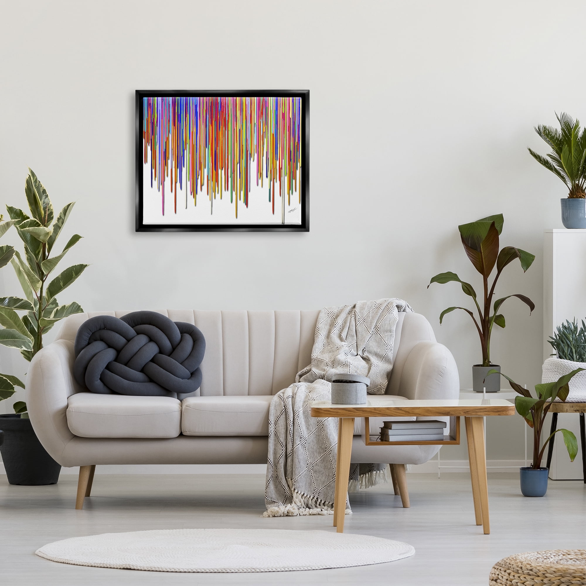Stupell Industries Abstract Rainbow Lines Dripping Abstract Painting Black Floater Framed Art Print Wall Art, 31 x 25