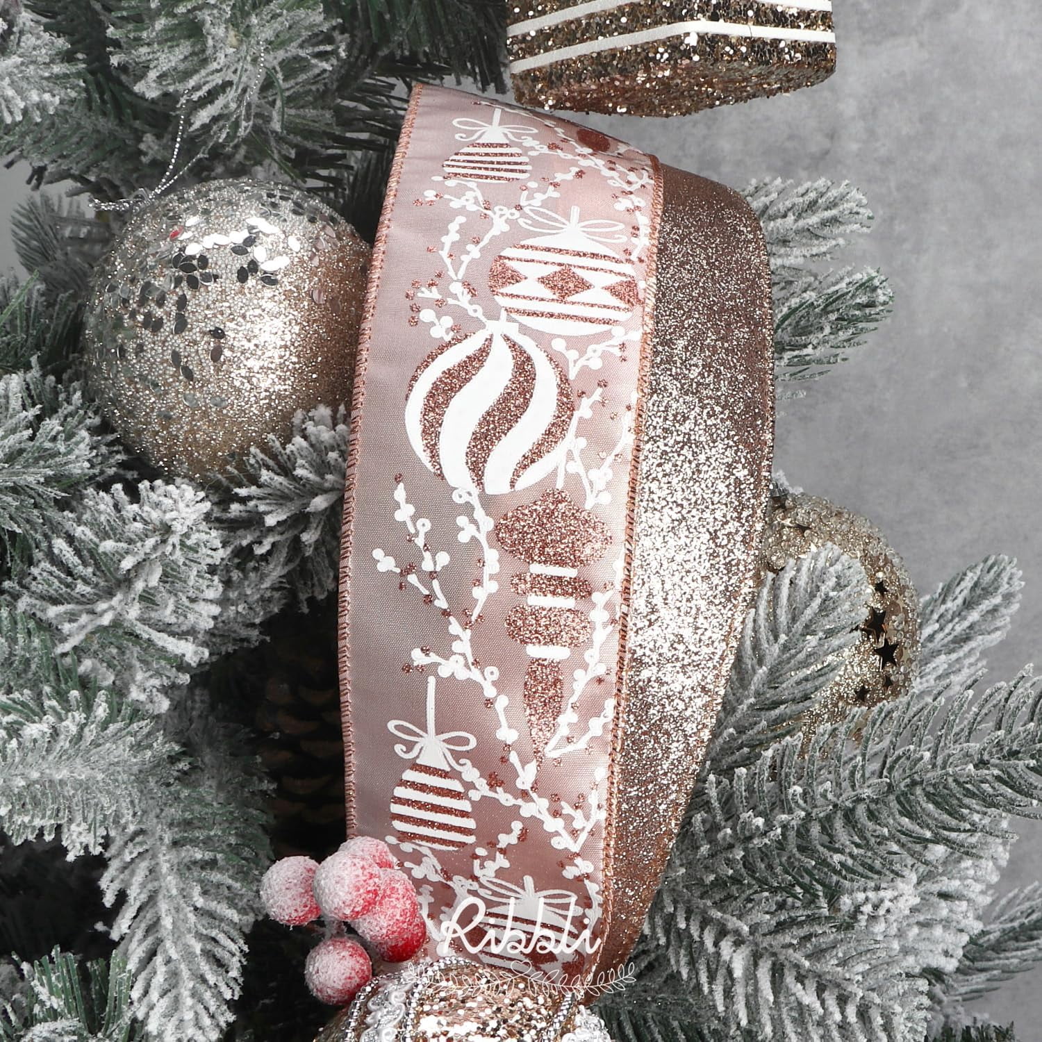 Christmas Ribbon Wired Rose Gold Christmas Tree Ribbon Snowflake Glitter Wired Ribbons for Crafts Gift Wrapping Wreaths Garland Home Decor -2.5 Inchx6 Rolls Total 36Yard