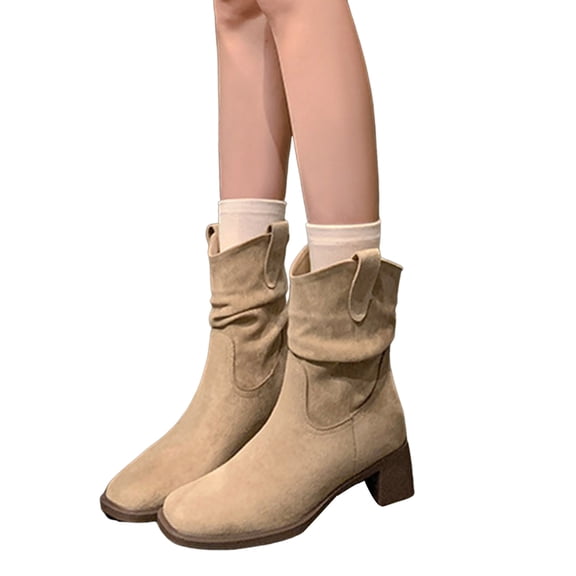 Women's Mid Calf Boots Suede Slouchy Wide Calf Block Heel Square Toe Slip on Casual Winter Western Ankle Booties