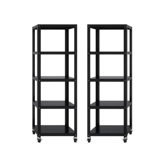 Home Square 5 Shelf Mobile Wood Bookcase Set in Black (Set of 2)