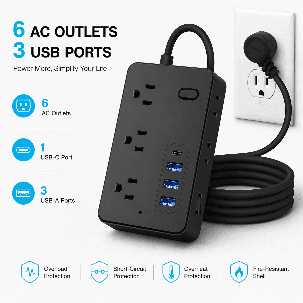 BOHASHIN Power Strip Surge Protector with USB, 4 ft long Extension Cord for 6 Widely Spaced Outlets with 4 USB Fast Charge USB Charging Ports(Black)