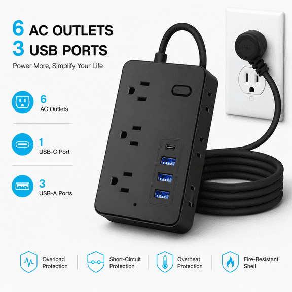 BOHASHIN Power Strip Surge Protector with USB, 4 ft long Extension Cord for 6 Widely Spaced Outlets with 4 USB Fast Charge USB Charging Ports(Black)