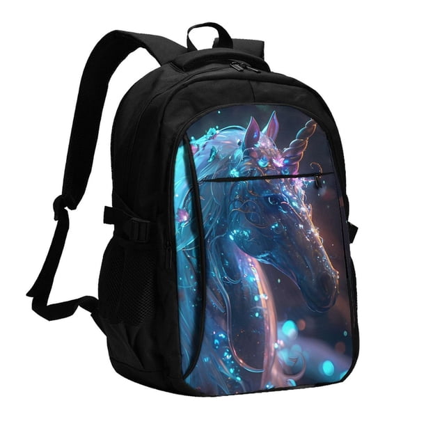 Easygdp Crystal Pattern White Horse Mochila para Laptop de Viaje con Puerto USB, Mochila para Laptop con Puerto de Carga USB para Mujeres y Hombres