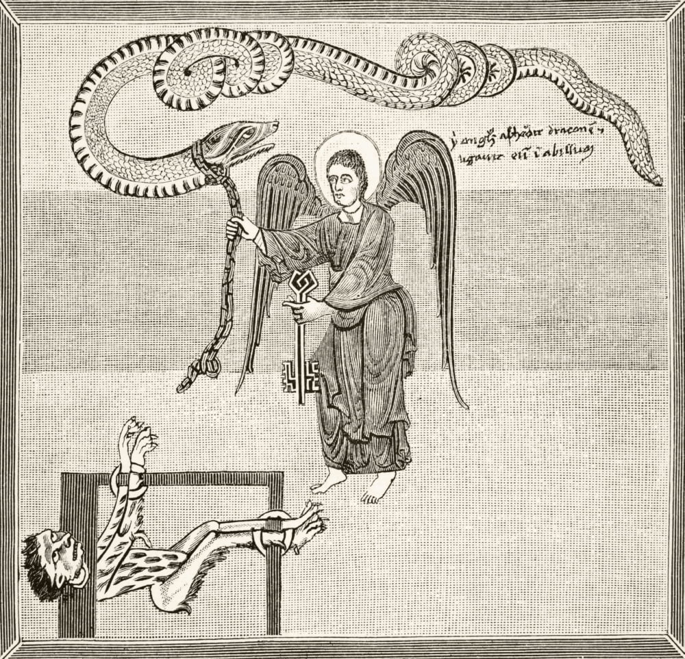 An Angel Holding The Keys Of Hell Enchains The Devil - In The Shape Of A Dragon - In The Pit After A 12Th Century Miniature From A Commentary On The Apocalypse From Science And Literature In The Middl