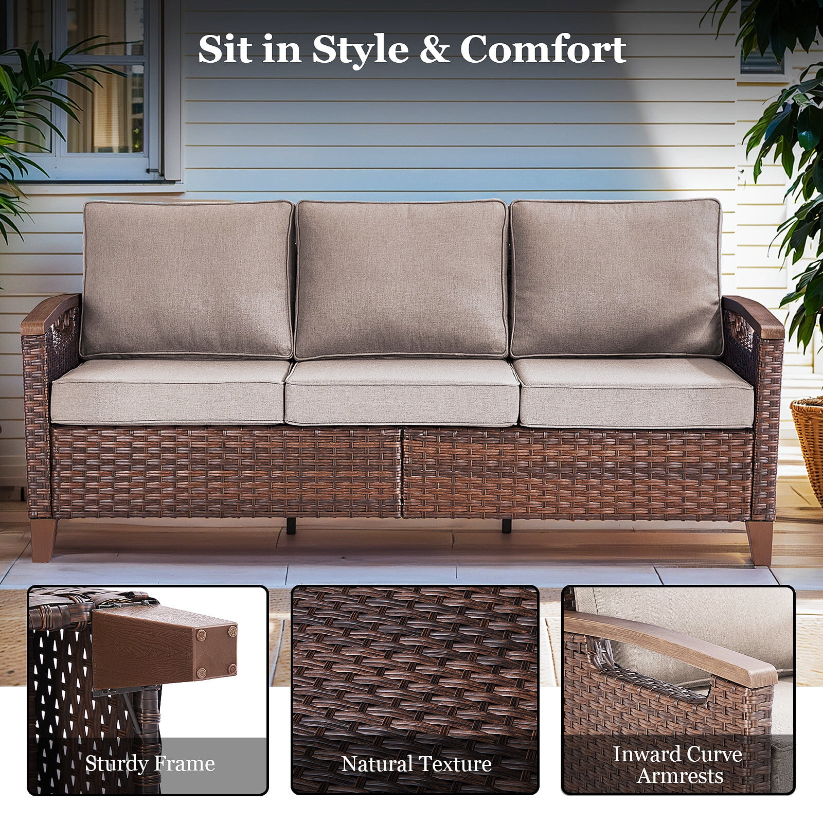 Bellefurn Wicker Patio Sofa Outdoor Couch,Patio 3 Seater Sofa Outdoor Rattan Furniture Sofa with Non-Slip Thick Cushions for Outdoor,Garden,Lawn,Backyard