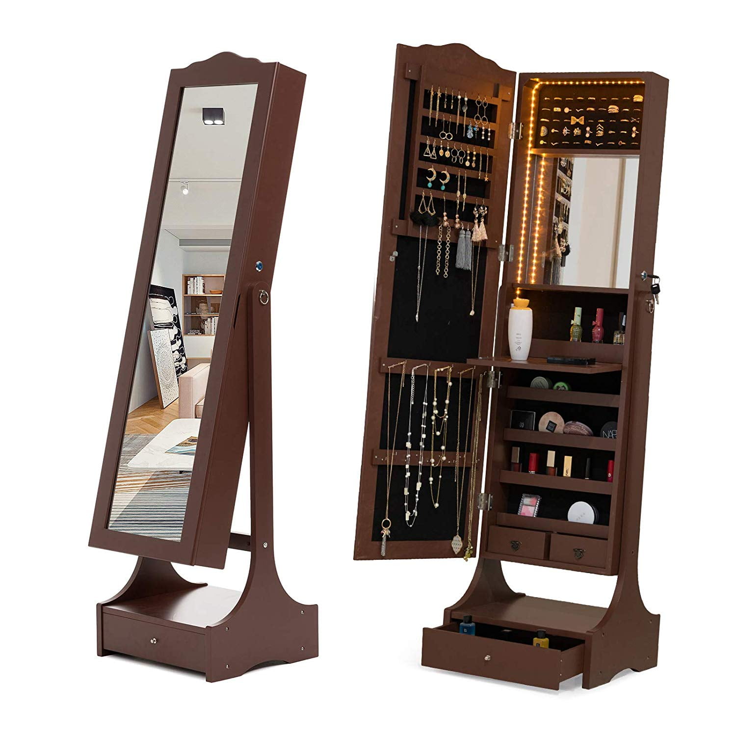 Mecor Led Mirror Jewelry Cabinet Armoire Standing Full Length With Storage Lockable Organizer Large Bottom Drawer Base 2 Smaller